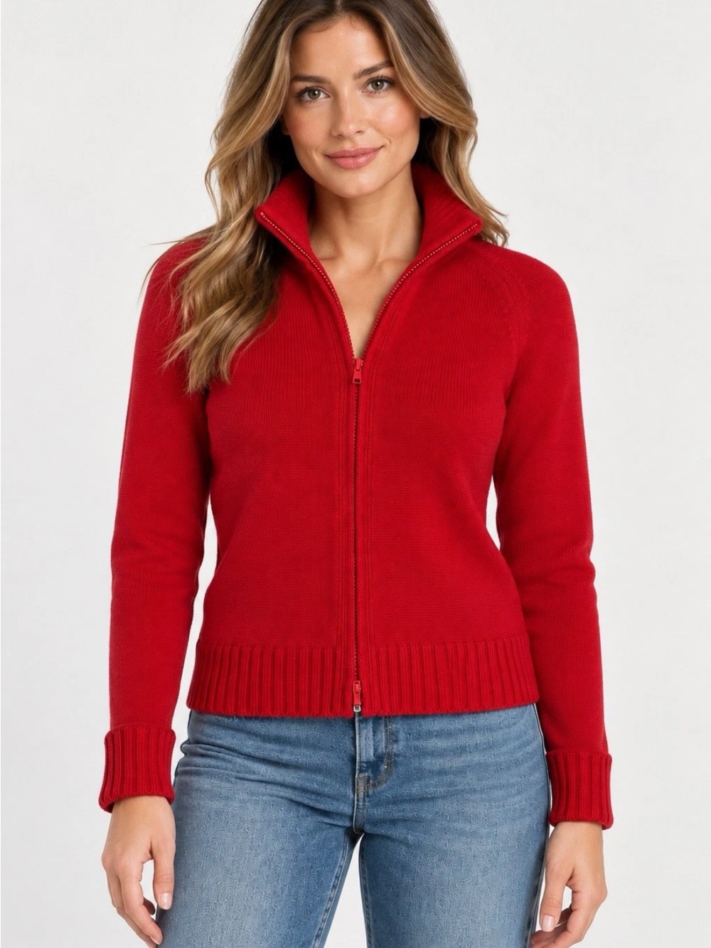American Eagle Outfitters Women’s Red Full Zip Knit Cotton Mock Neck Sweater M